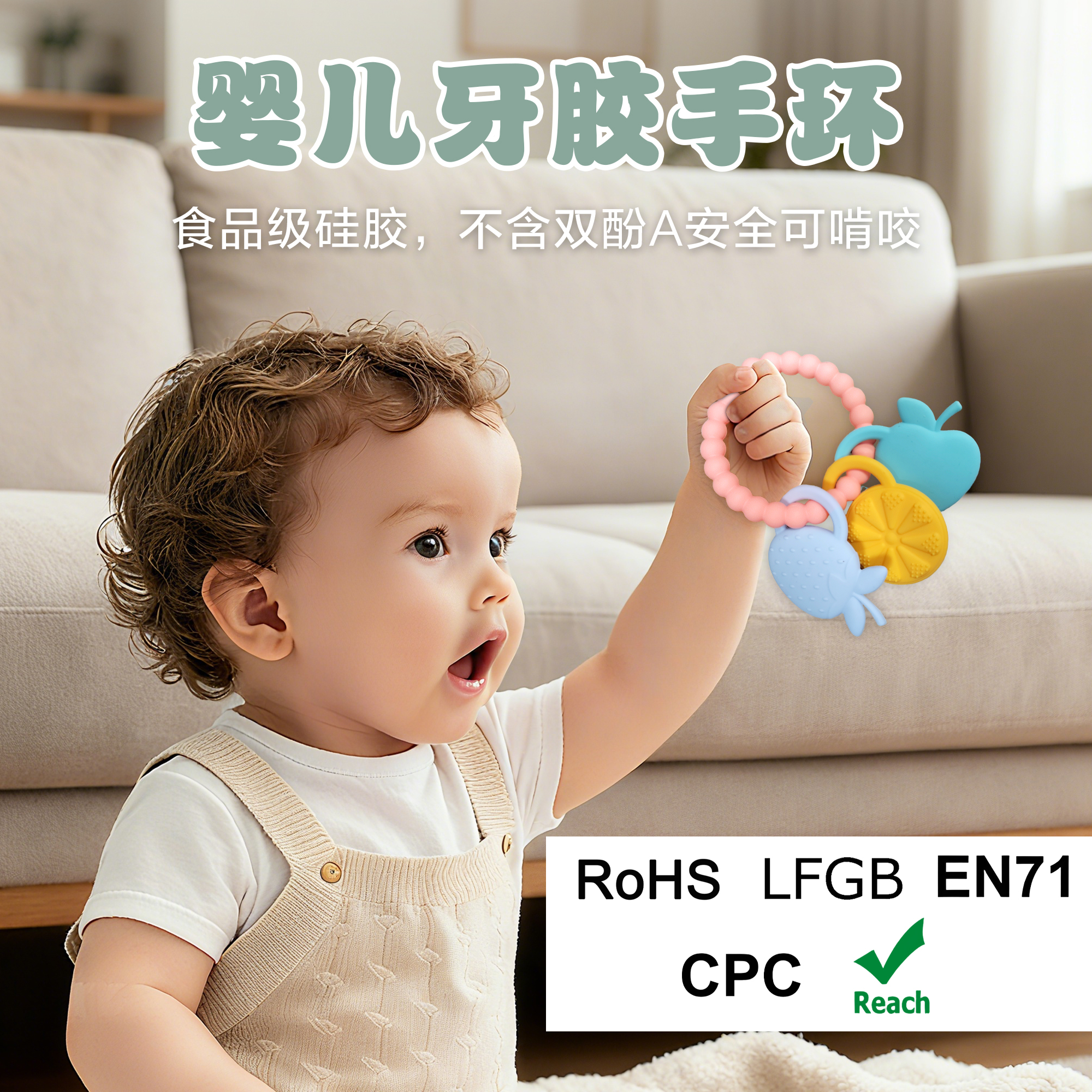 亞馬遜新生嬰兒硅膠牙膠防吃手圓環(huán)食品級可握咬玩具手環(huán)母嬰牙膠